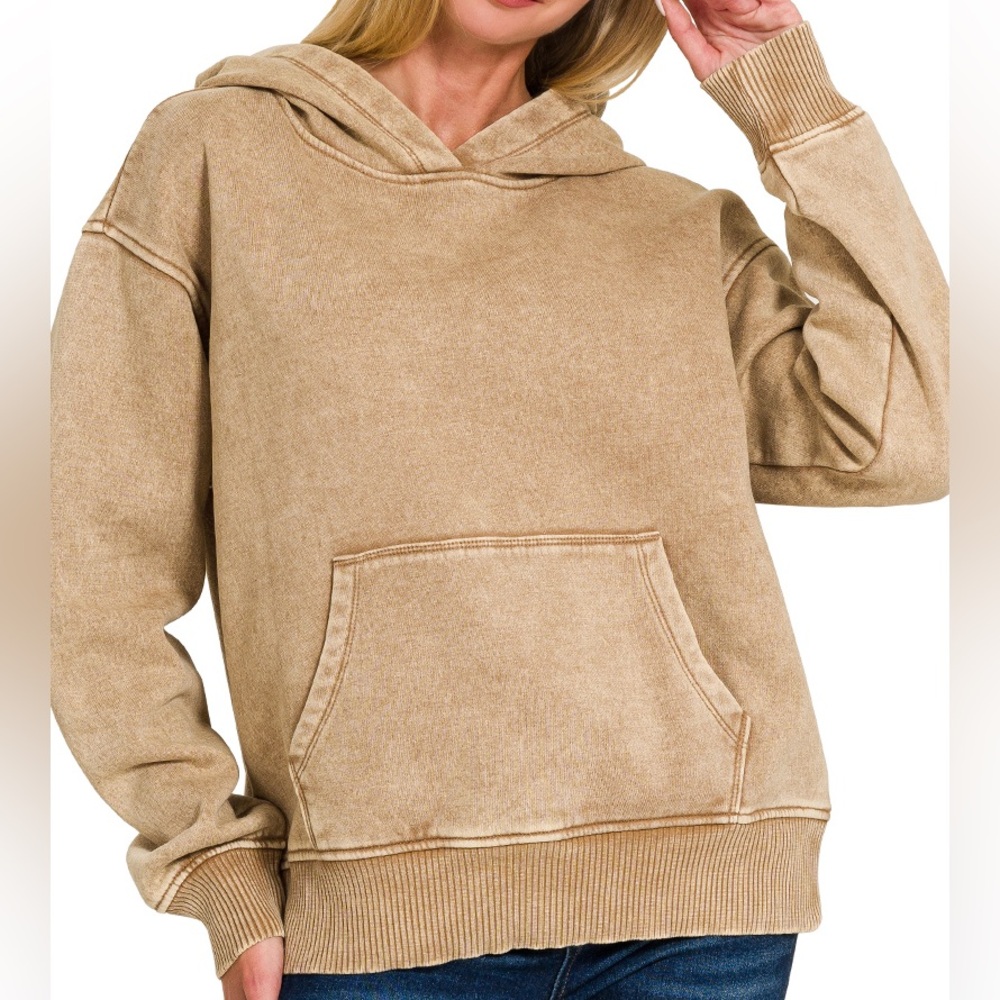 Fleece Acid Wash Kangaroo Pocket Hoodie in Deep Camel